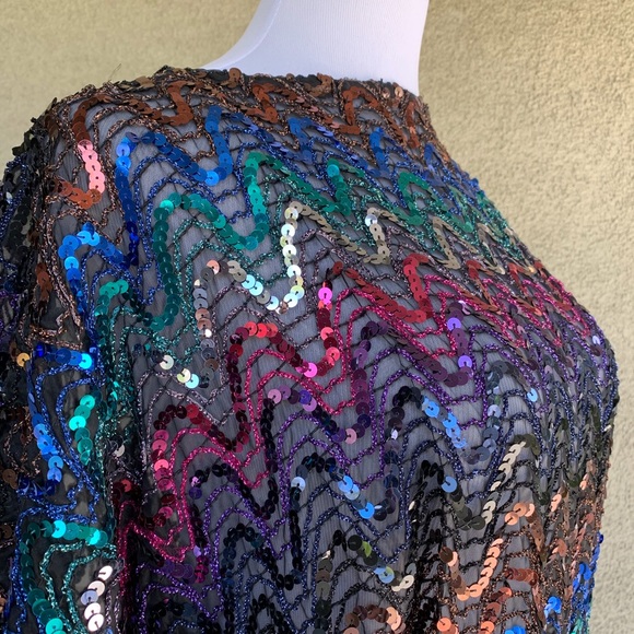 Multi-Colored Sequined Top on Black Chiffon Disco - Picture 5 of 8
